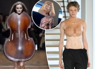 A hodgepodge of unusual items, including human violins, plastic breasts, and lampshade hats, make for a surreal and quirky assortment.