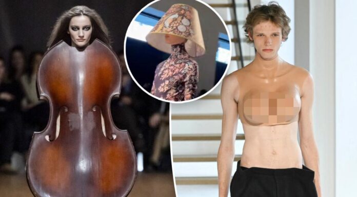 A hodgepodge of unusual items, including human violins, plastic breasts, and lampshade hats, make for a surreal and quirky assortment.