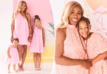 Serena Williams and her daughters match in adorable pink dresses, the result of a fashion collaboration with a tennis twist.