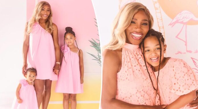 Serena Williams and her daughters match in adorable pink dresses, the result of a fashion collaboration with a tennis twist.