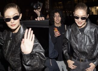 Gigi Hadid wore a Charlotte Simone bomber jacket during Paris Fashion Week.