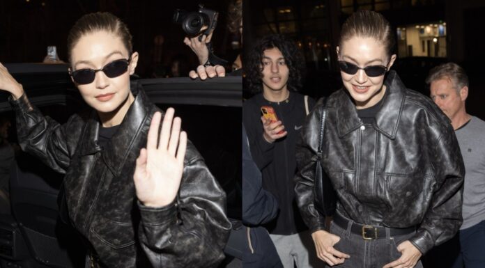Gigi Hadid wore a Charlotte Simone bomber jacket during Paris Fashion Week.