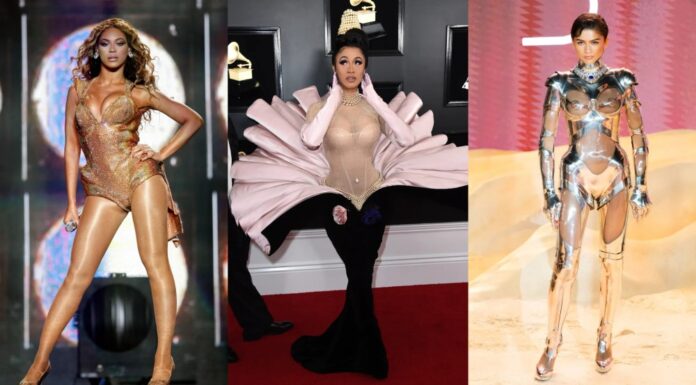 Thierry Mugler’s most iconic and memorable fashion moments as a celebrity and icon are celebrated in this collage of photos and details.