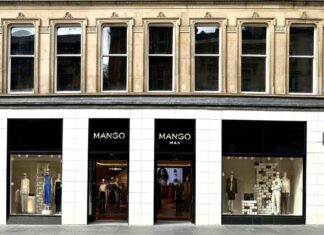 Mango, a fashion brand, opens its first store in Glasgow, Scotland, offering a range of menswear clothing.