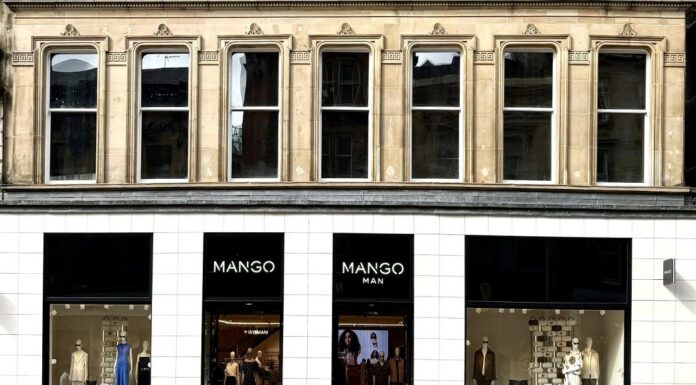 Mango, a fashion brand, opens its first store in Glasgow, Scotland, offering a range of menswear clothing.