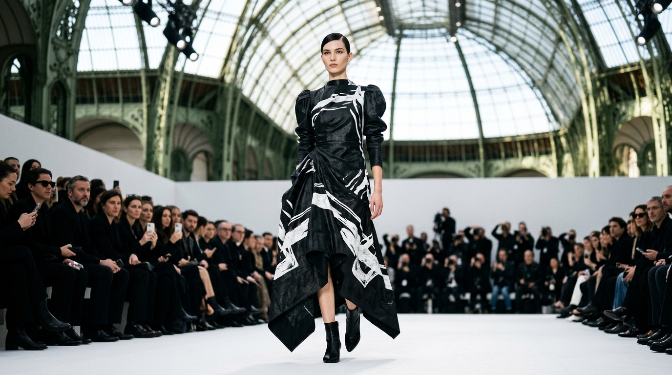 black waxed tablecloth-print maxi dress with exaggerated asymmetrical draping and puffed shoulders