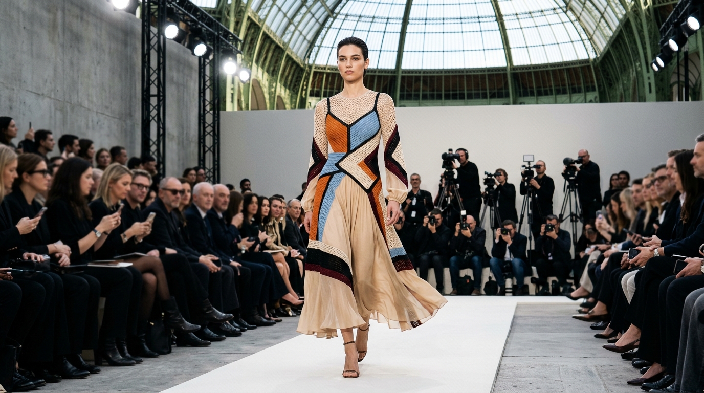 champagne flowing chiffon dress with macro crochet overlays and geometric upholstery-inspired color-blocking