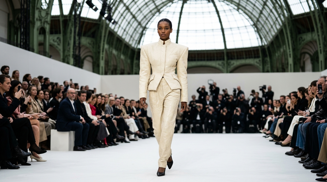 cream padded suiting jacket with dramatically enlarged shoulders and matching high-waisted trousers in crushed leather