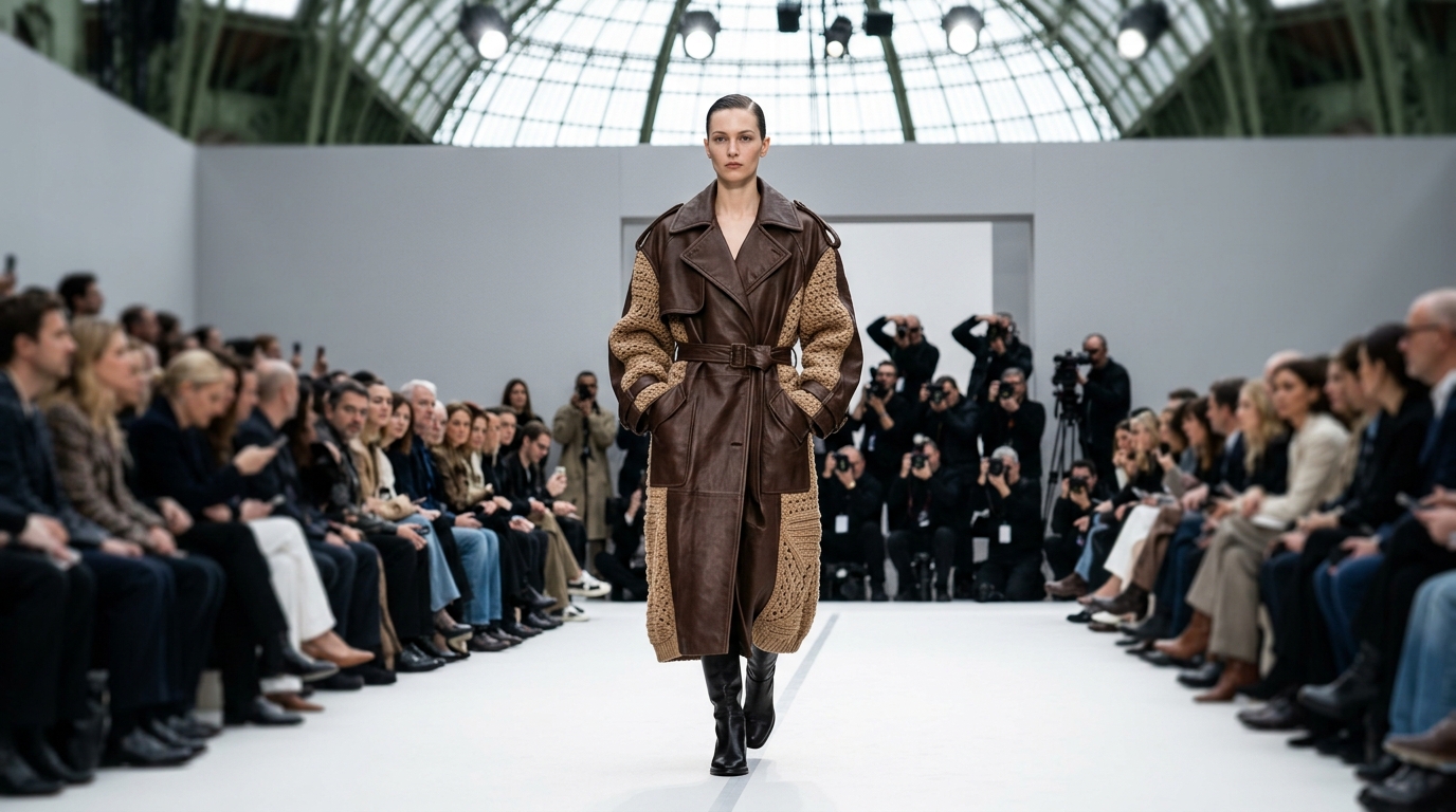 oversized chocolate-brown beefy leather trench coat with exaggerated volume and macro crochet panels
