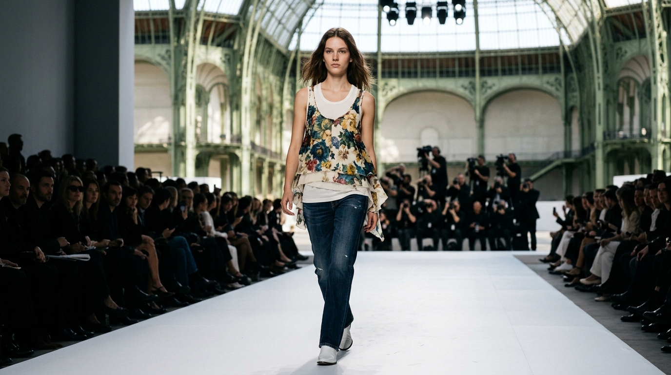 white fine ribbed undershirt layered with a pieced chiffon tank top in floral upholstery print
