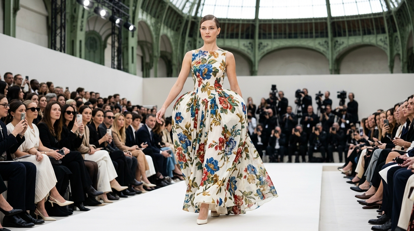 flowing ivory chiffon maxi gown with oversized floral upholstery print and dramatically exaggerated hip proportions