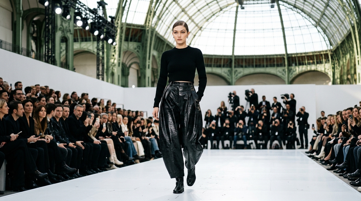 black shrunken fitted knit sweater paired with voluminous waxed fabric high-waisted trousers with mock croc texture