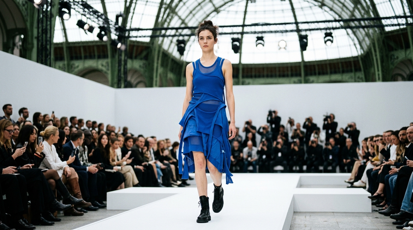 cobalt blue undone dress constructed from layered tank tops and fine ribbed undershirts in contrasting textures