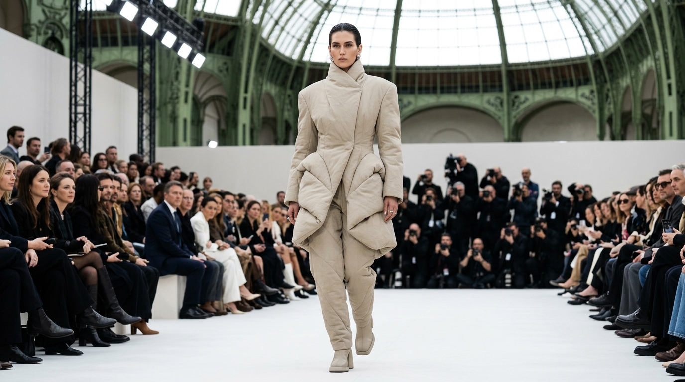 stone-colored padded suiting with sculptural volume placed at unexpected angles, oversized collar and hem