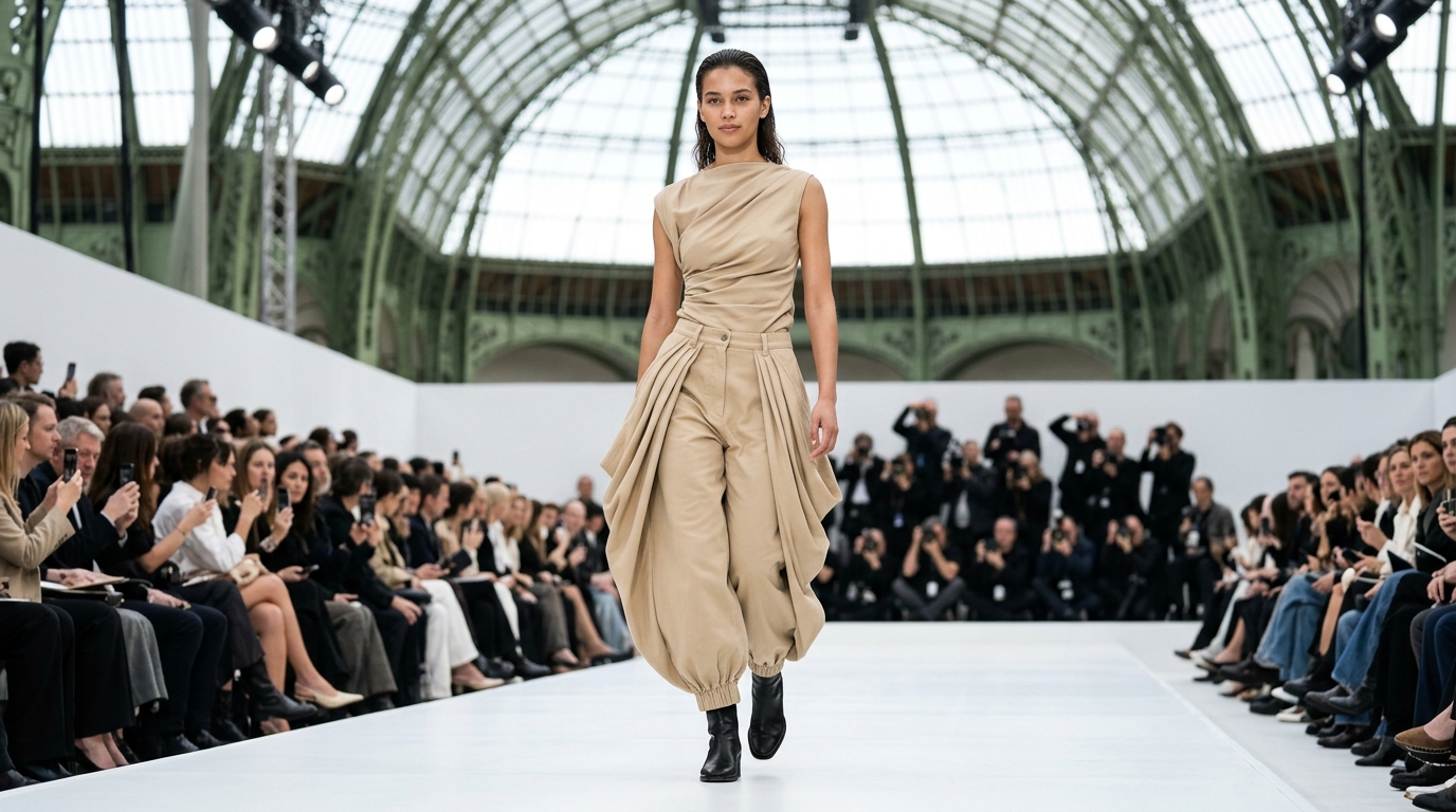 beige bulbous silhouette jeans with integrated draped curtain-inspired fabric panels and tapered ankles