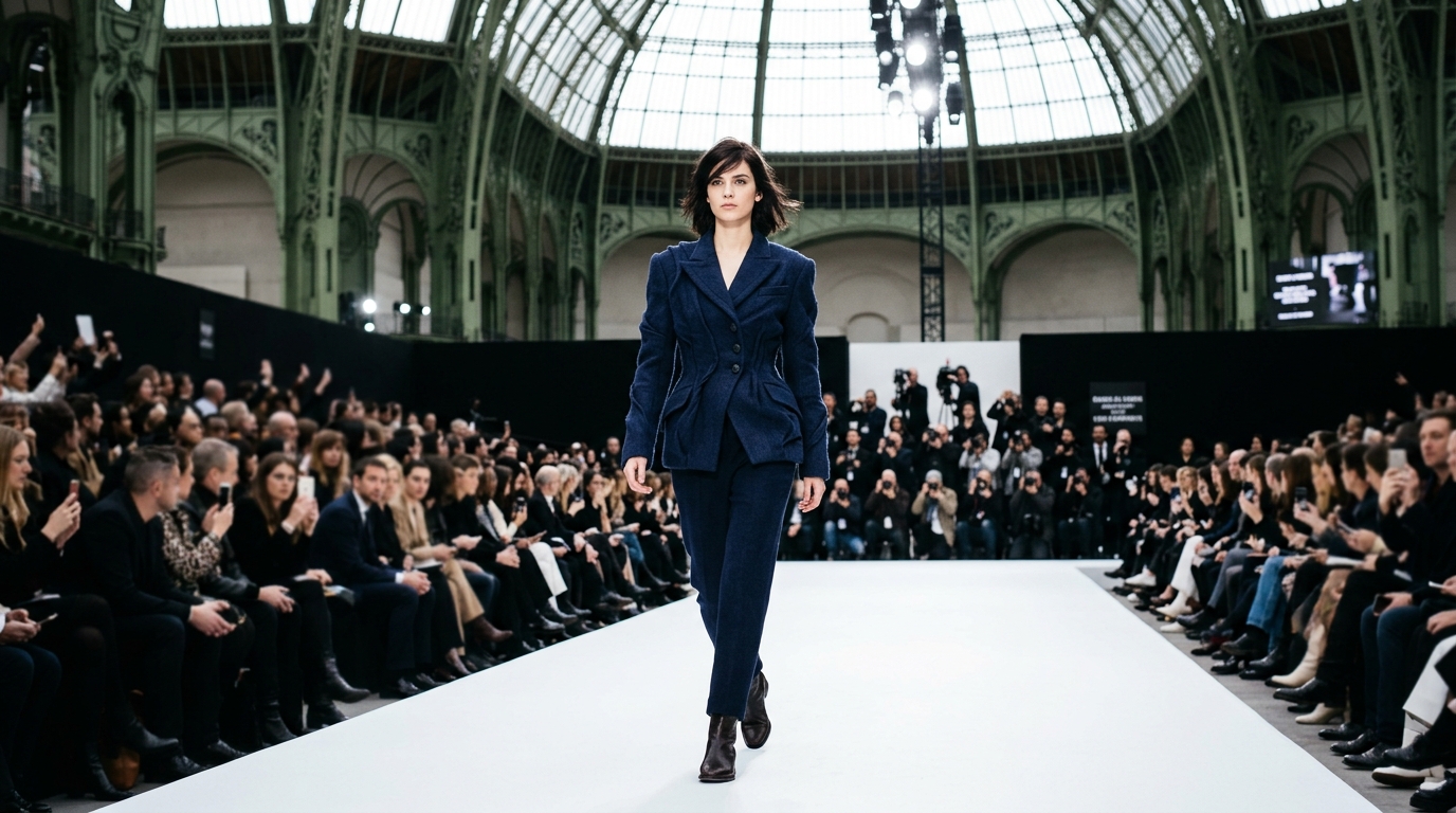 Navy wool mohair jacket with nipped waist, pinched and stitched lapels, and twisted seam details establishing the collection's distorted aesthetic