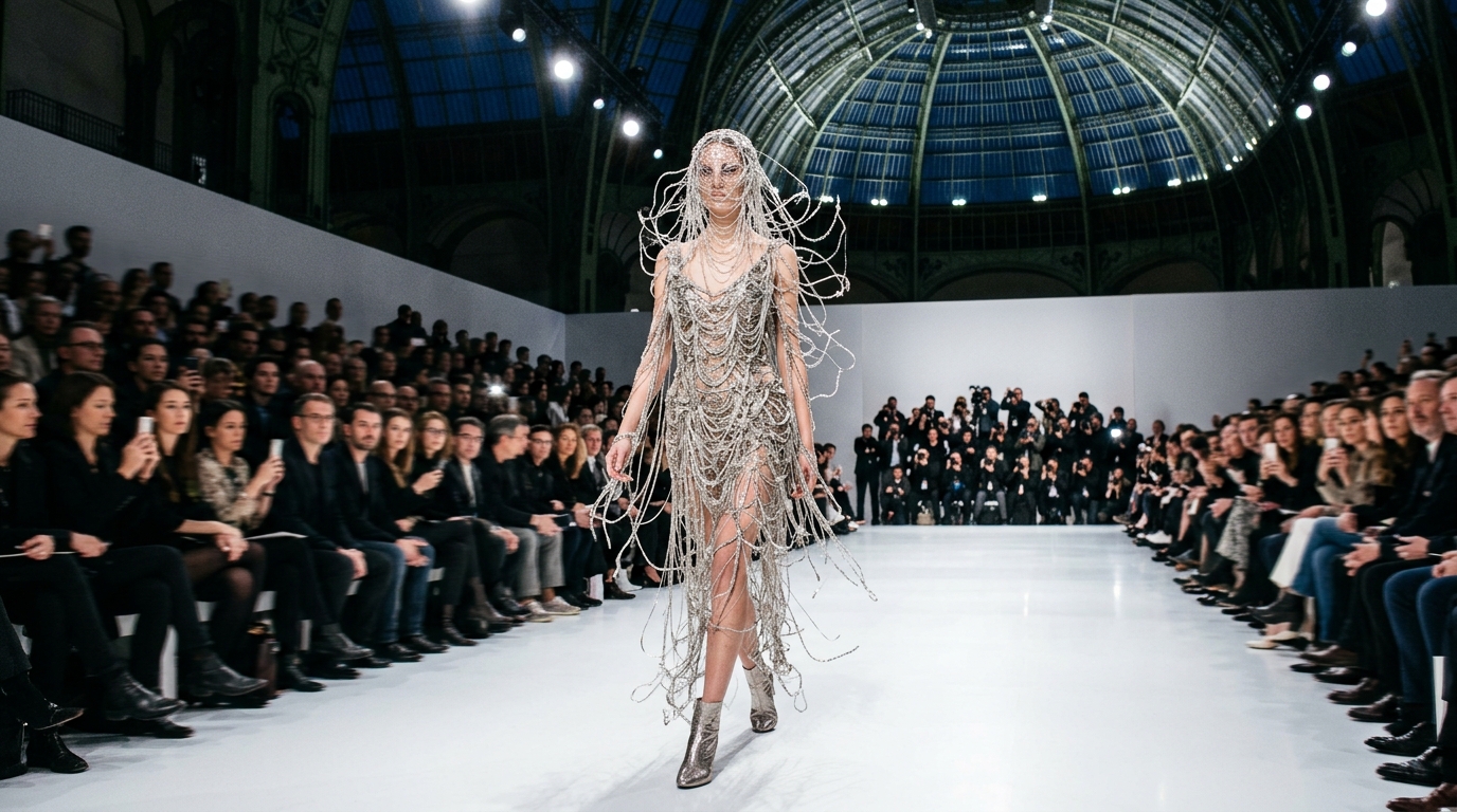 Dramatic gown fashioned from thin ropes of glittering metal and silver chains in tangled arrangement with ghost-like chain wisps obscuring the model's face