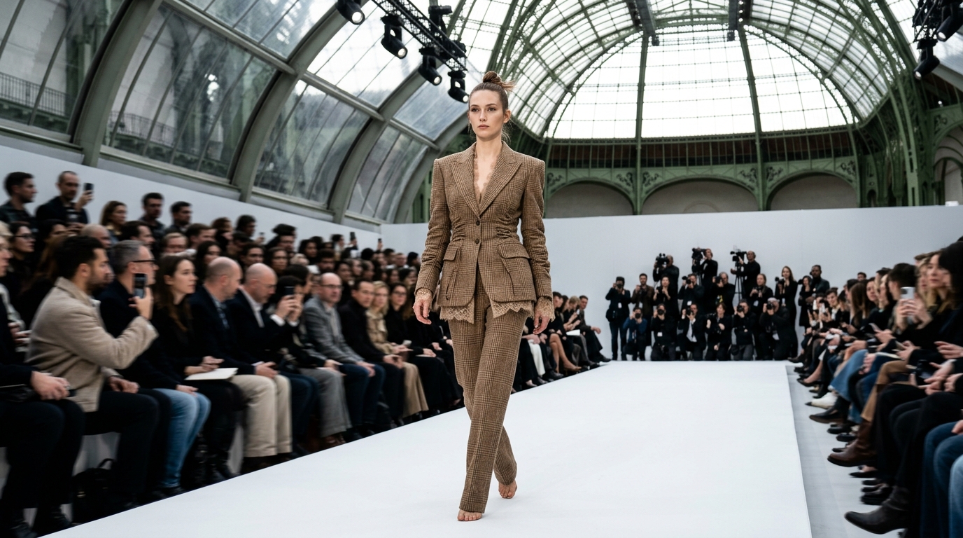 Tobacco check wool suit with elevated shoulders, bunched construction details, and hand-stitched cobweb lace underlayers