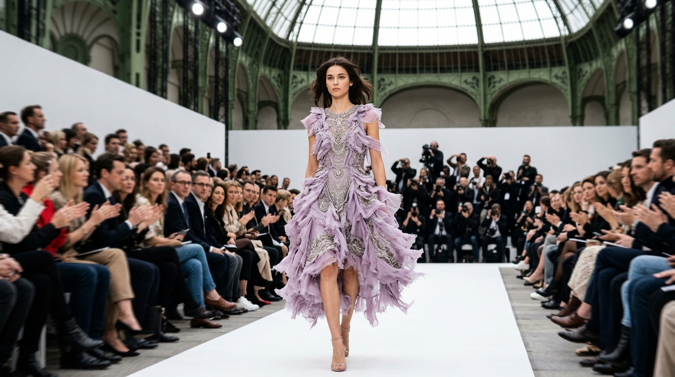 Frayed lilac silk georgette party dress embroidered with silver bullion, featuring hand-shredded silk organza layers and intricate embellishment