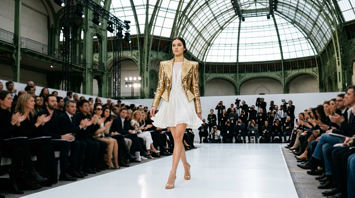 Mini dress in brushed white chiffon with delicate pleating, paired with gold sequined architectural jacket creating textural contrast