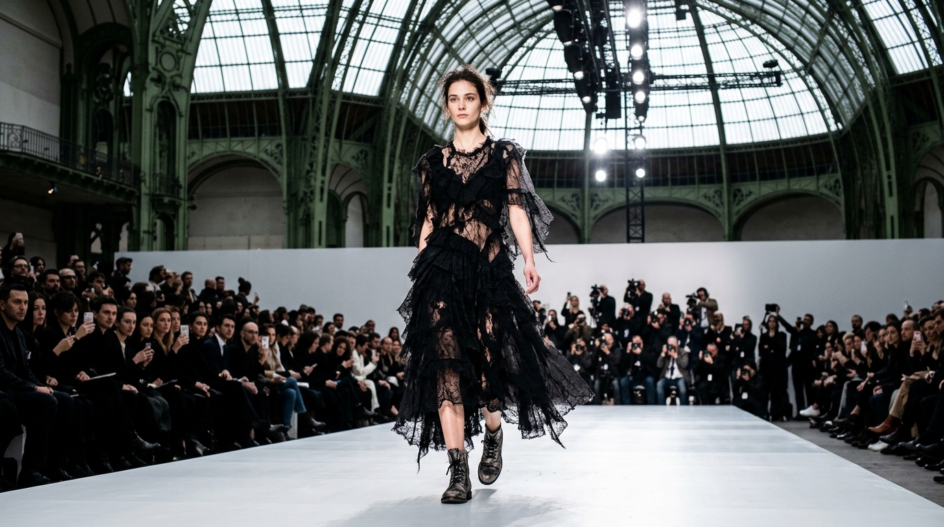 Black hand-combed embroidered lace dress set with deliberately distressed edges, ruffled layers, and distressed hand-finishing techniques