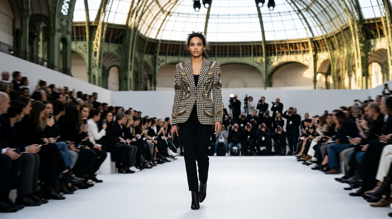 Black and ivory houndstooth tailored jacket with brush-shaped metallic embellishments serving as structural jewelry and surface detail
