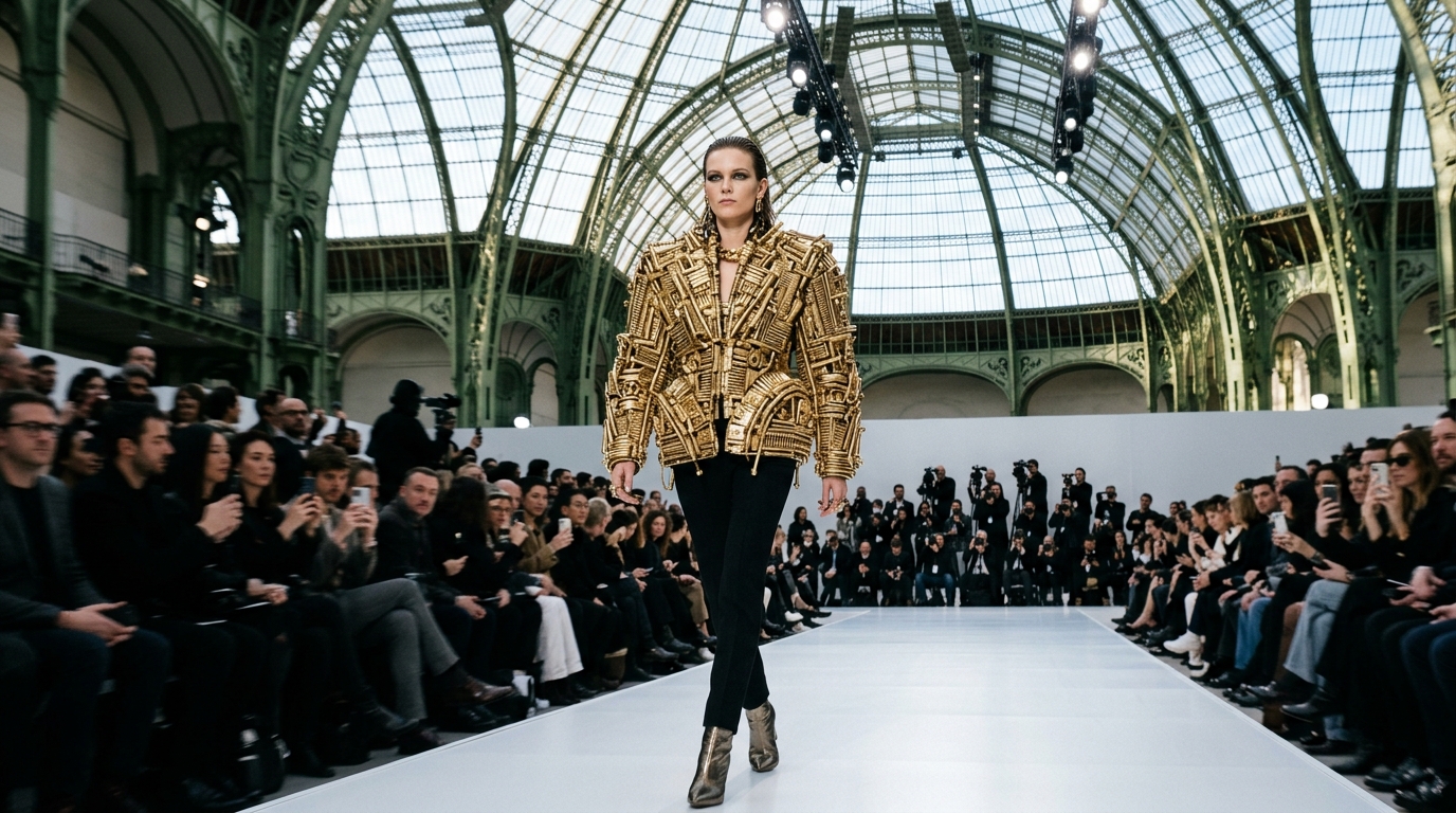 Gold jacket constructed entirely from screws, nuts, and metallic components creating sculptural three-dimensional architecture and surface texture