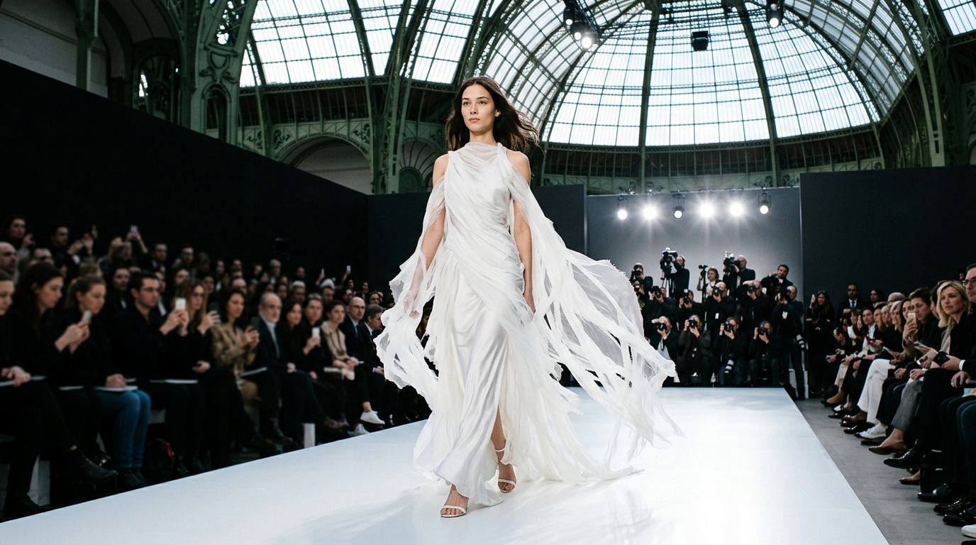 Elongated evening gown in white silk featuring cascading hand-shredded silk tulle layers, creating ghostlike silhouette and ethereal movement
