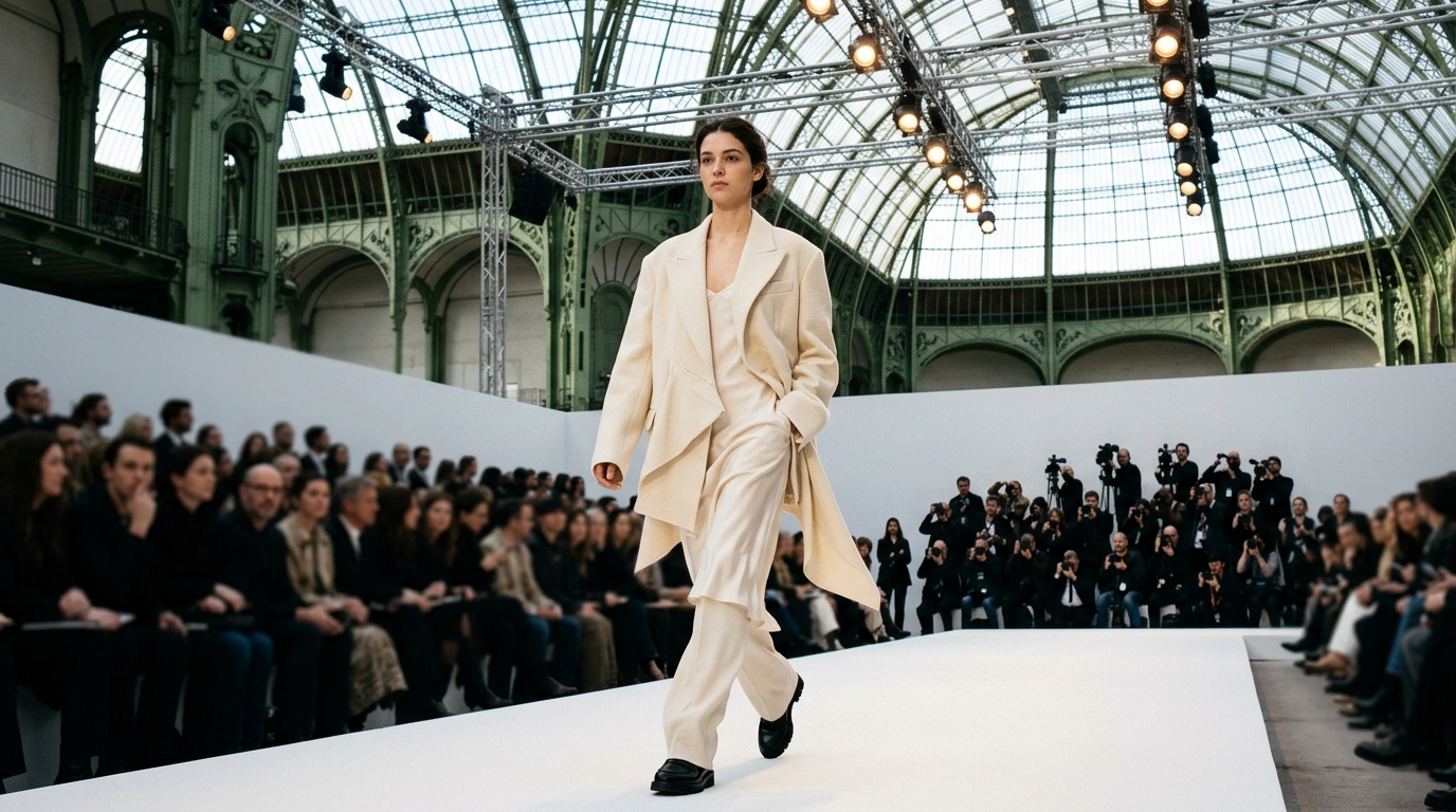 oversized cream tailored jacket with asymmetrical front draping worn over silk slip dress, elongated trousers