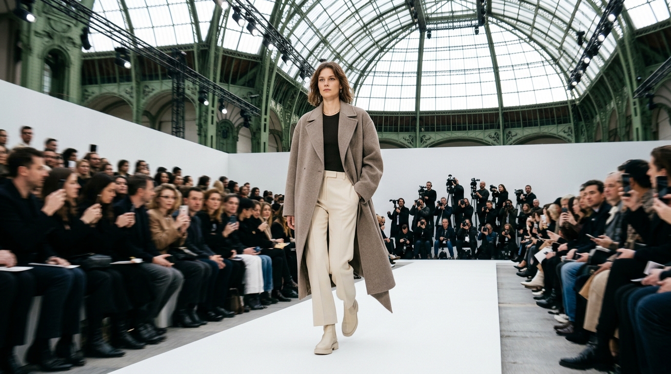 oversized neutral wool coat with asymmetrical hem, tailored cream trousers, minimal styling