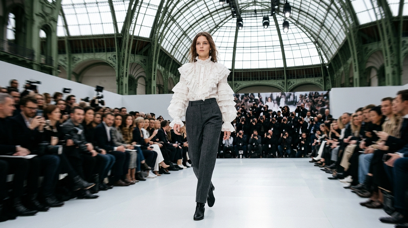 delicate layered frilly white linen shirt with voluminous sleeves, tailored charcoal wool trousers