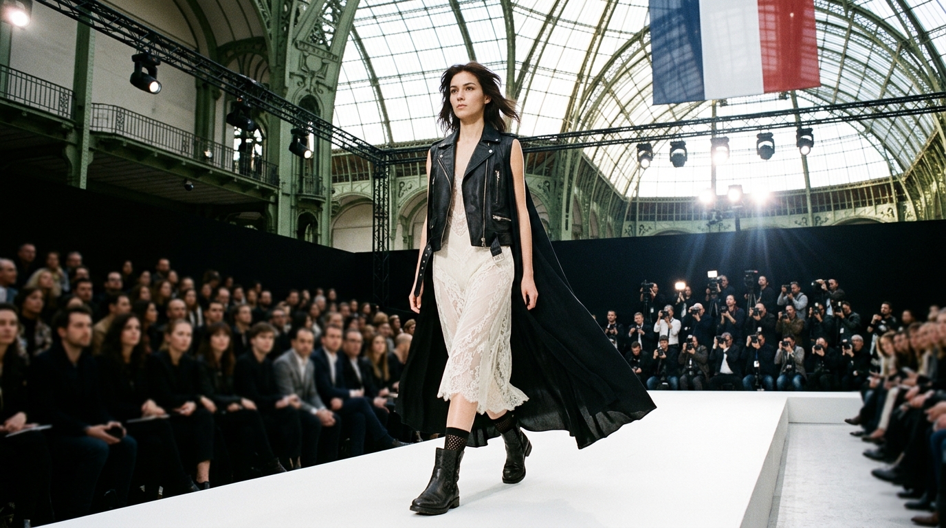 black leather vest over delicate ivory lace slip with trailing cape, perforated socks, leather boots