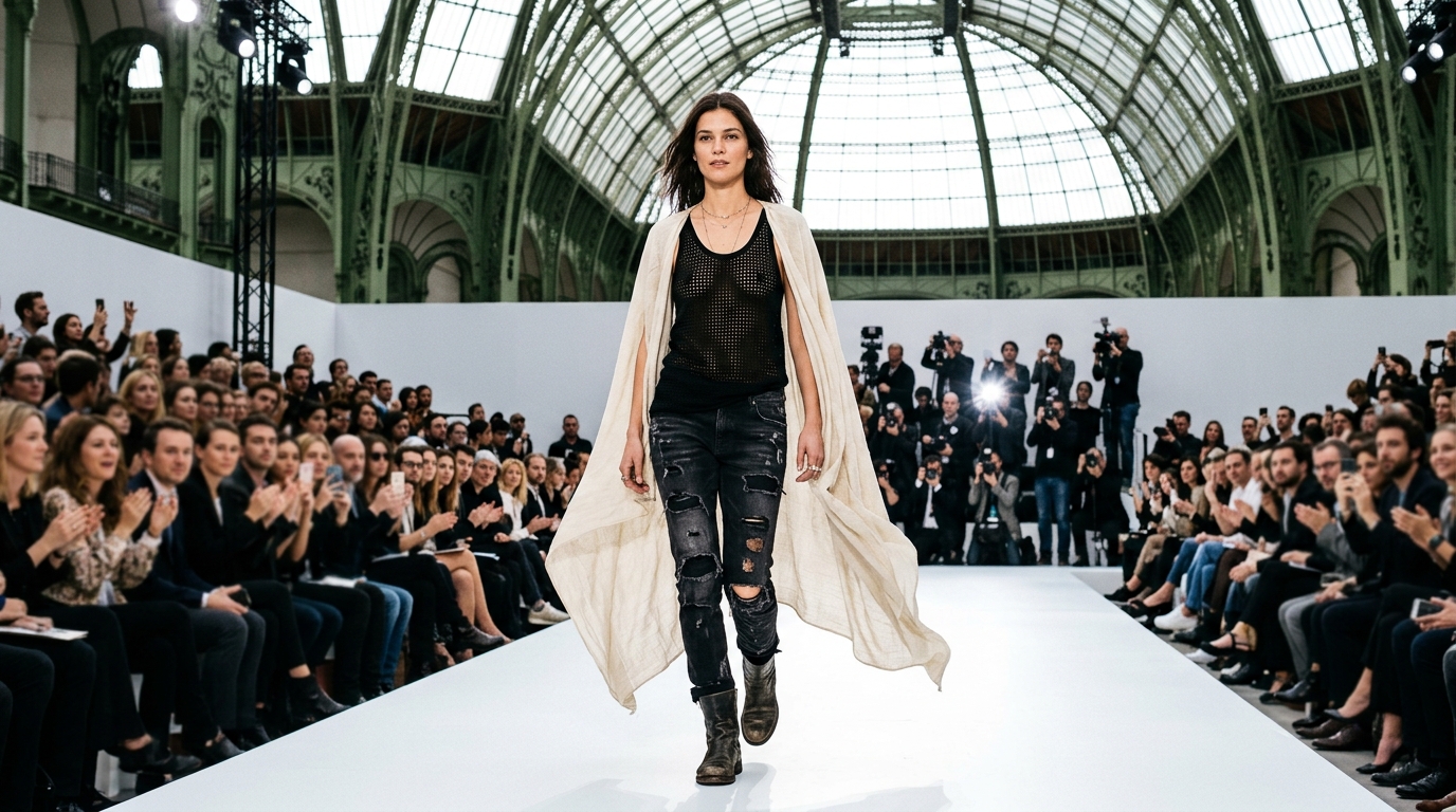 distressed black denim with perforated mesh tank top, ethereal draped cream cape, worn leather boots