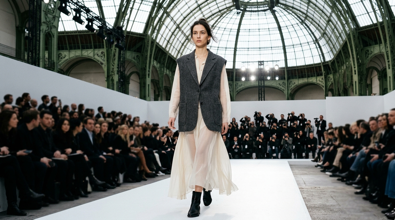 sheer ivory voile dress layered beneath oversized charcoal wool vest, silk slip, minimal jewelry