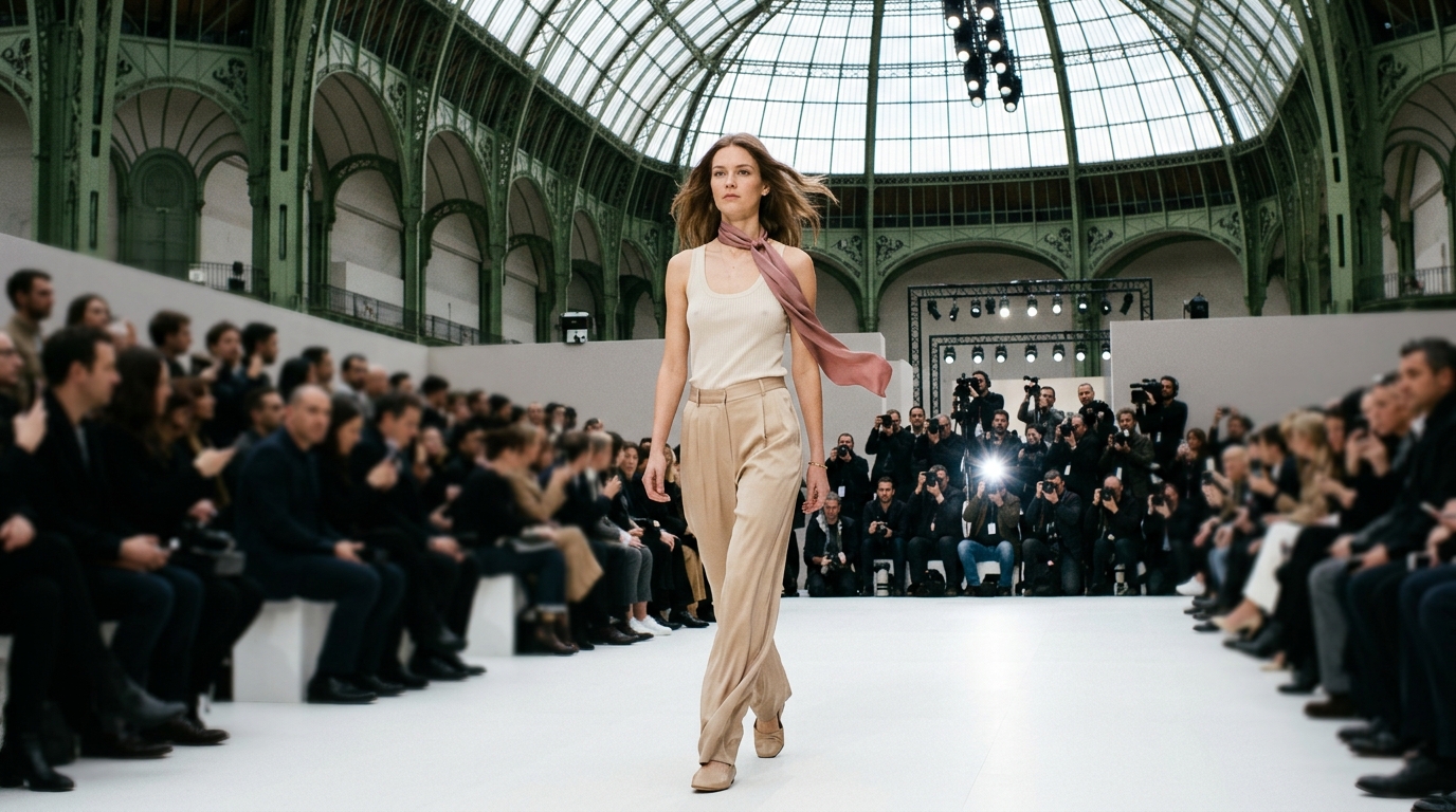 billowing dusty rose silk neck tie worn with cream minimal tank and flowing beige silk trousers