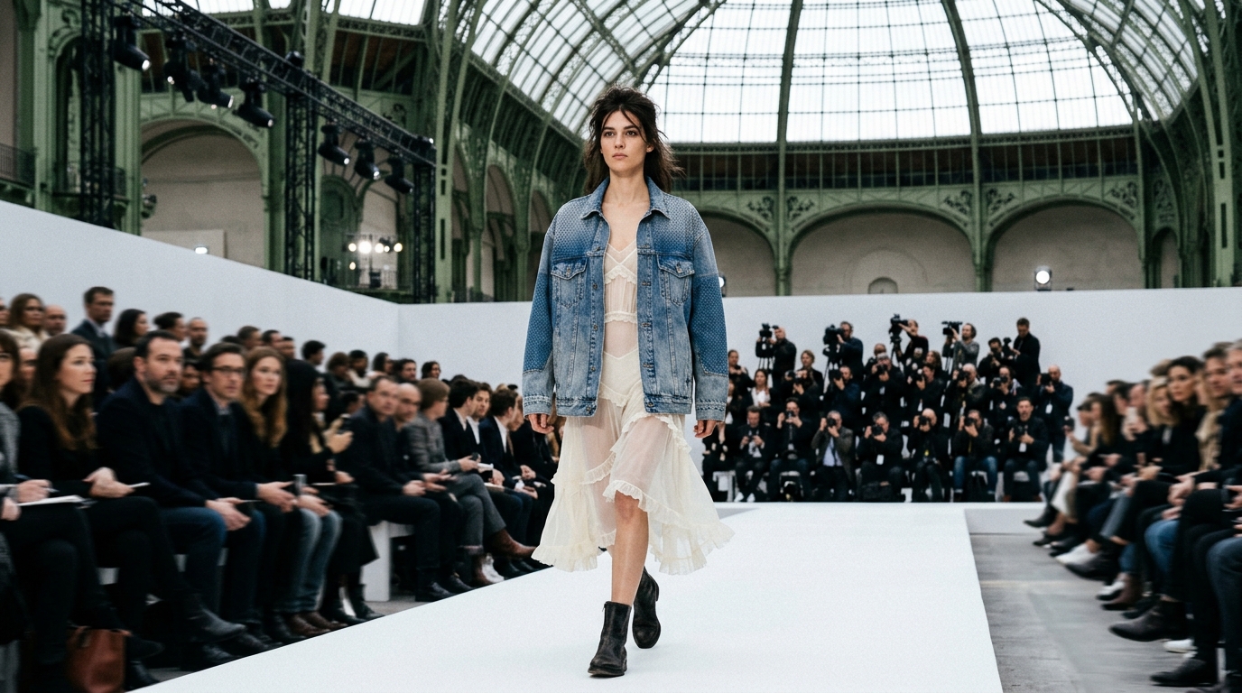 stone-washed denim jacket with perforated panels worn over delicate ivory sheer slip with frilled hem