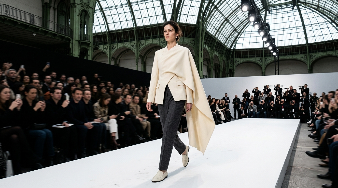 asymmetrical cream jacket with dramatic extended drape, tailored charcoal wool trousers, minimal accessories