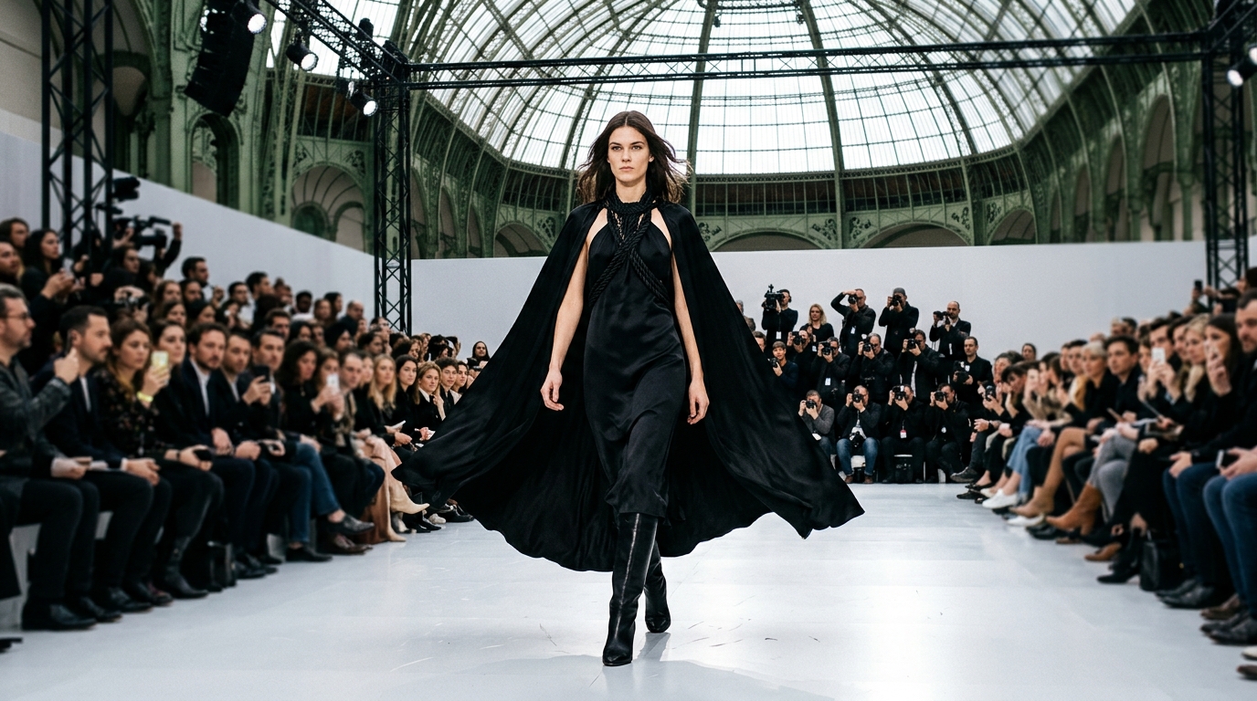 black silk dress with rope neckline detail, flowing black cape, structured black leather boots