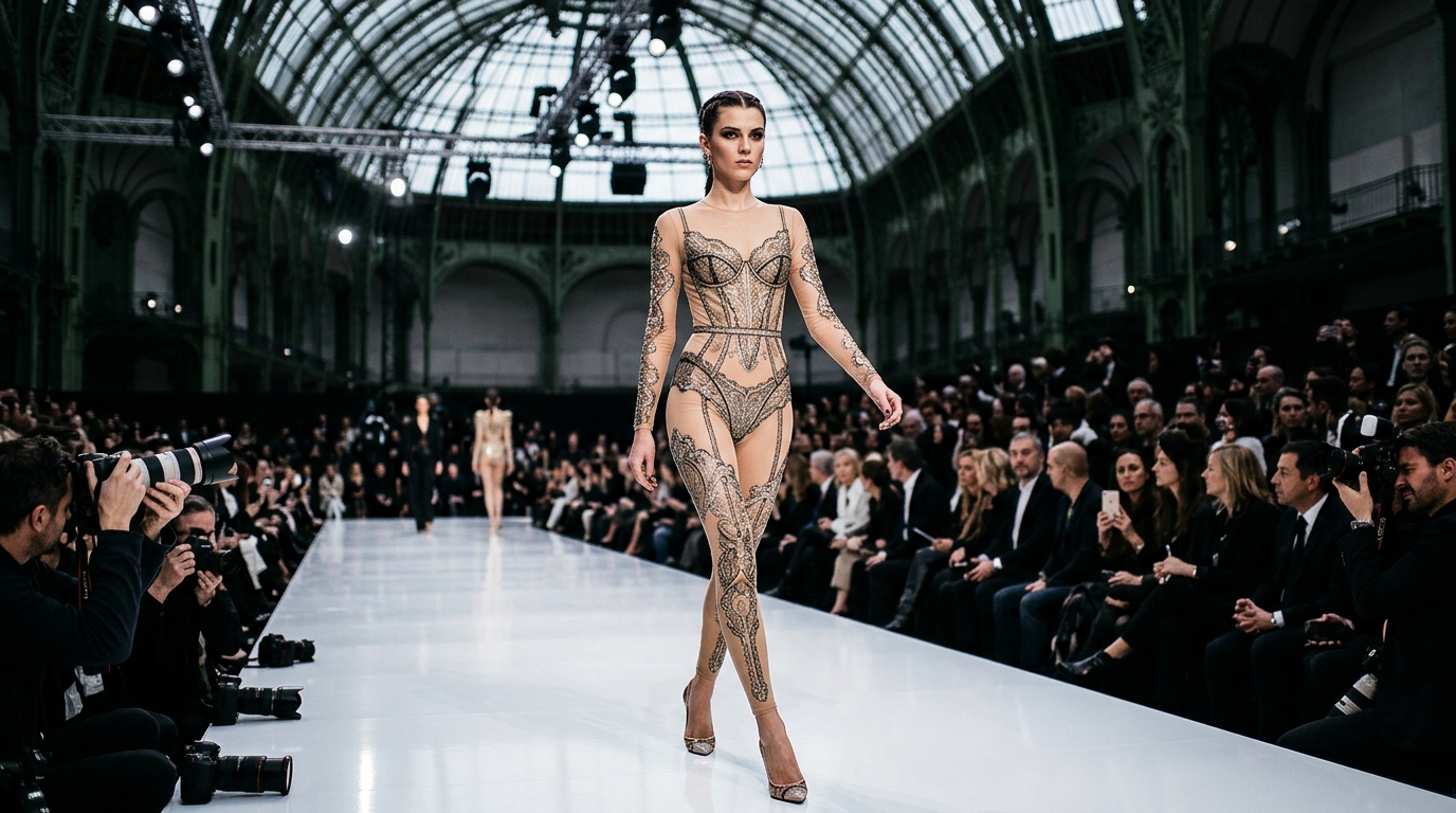 Flesh-tone trompe-l'œil bodysuit with embroidered bra, garter, and hosiery details in metallic thread, paired with pointed-toe heels
