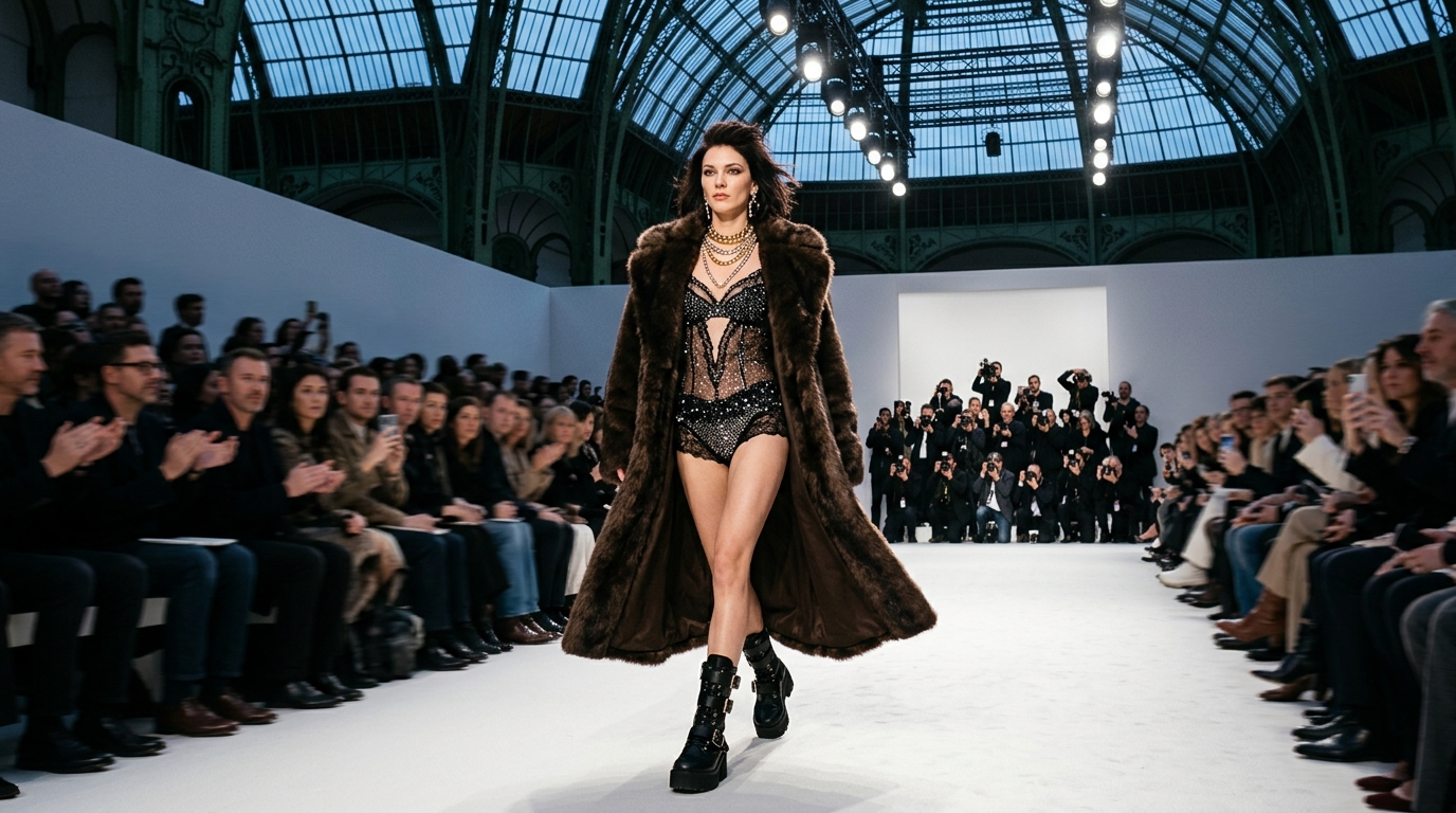 Oversized fur coat revealing glittering lingerie-inspired details underneath, paired with statement boots and bold accessories