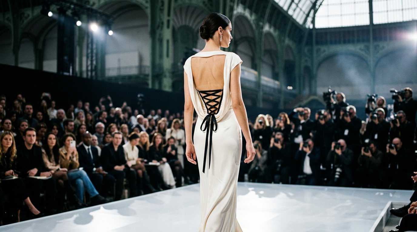 Ivory silk dress, demure front, open back from neck to knee with black corset-style wide ribbon lacing