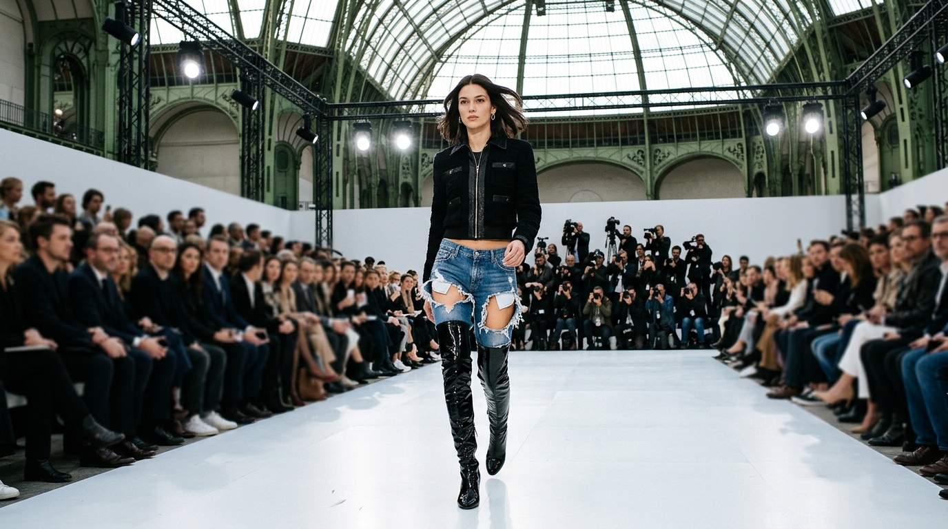 Low-rise denim jeans blown out just below pockets, anchored to tall patent leather boots creating pantaboots silhouette