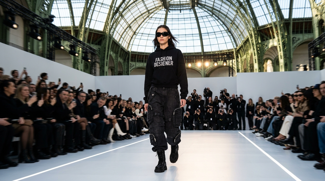 Shrunken black hoodie with 'Fashion Designer' text in white, paired with oversized wraparound sunglasses and cargo pants