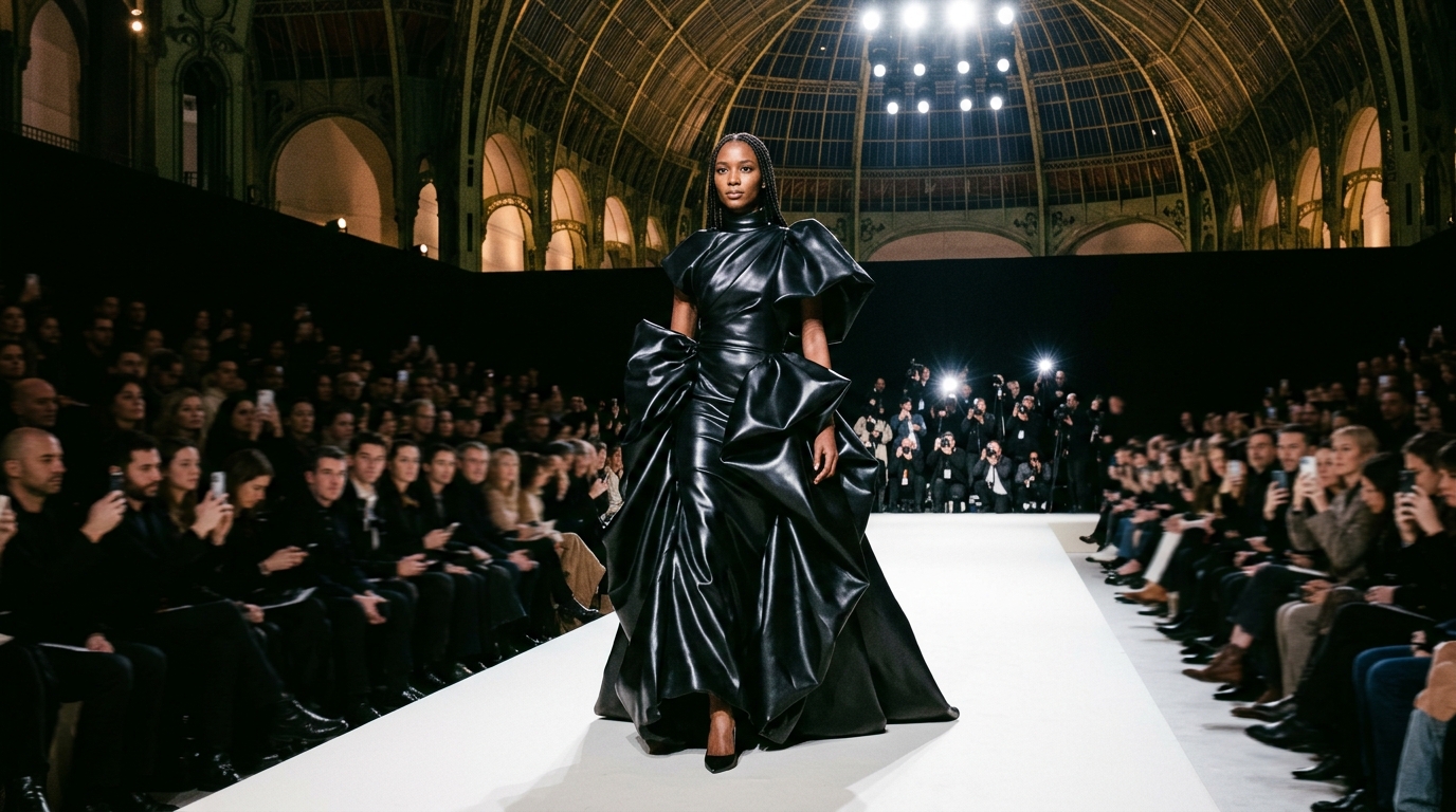 Glossy black neoprene scuba-inspired evening gown with exaggerated proportions and sculptural volume