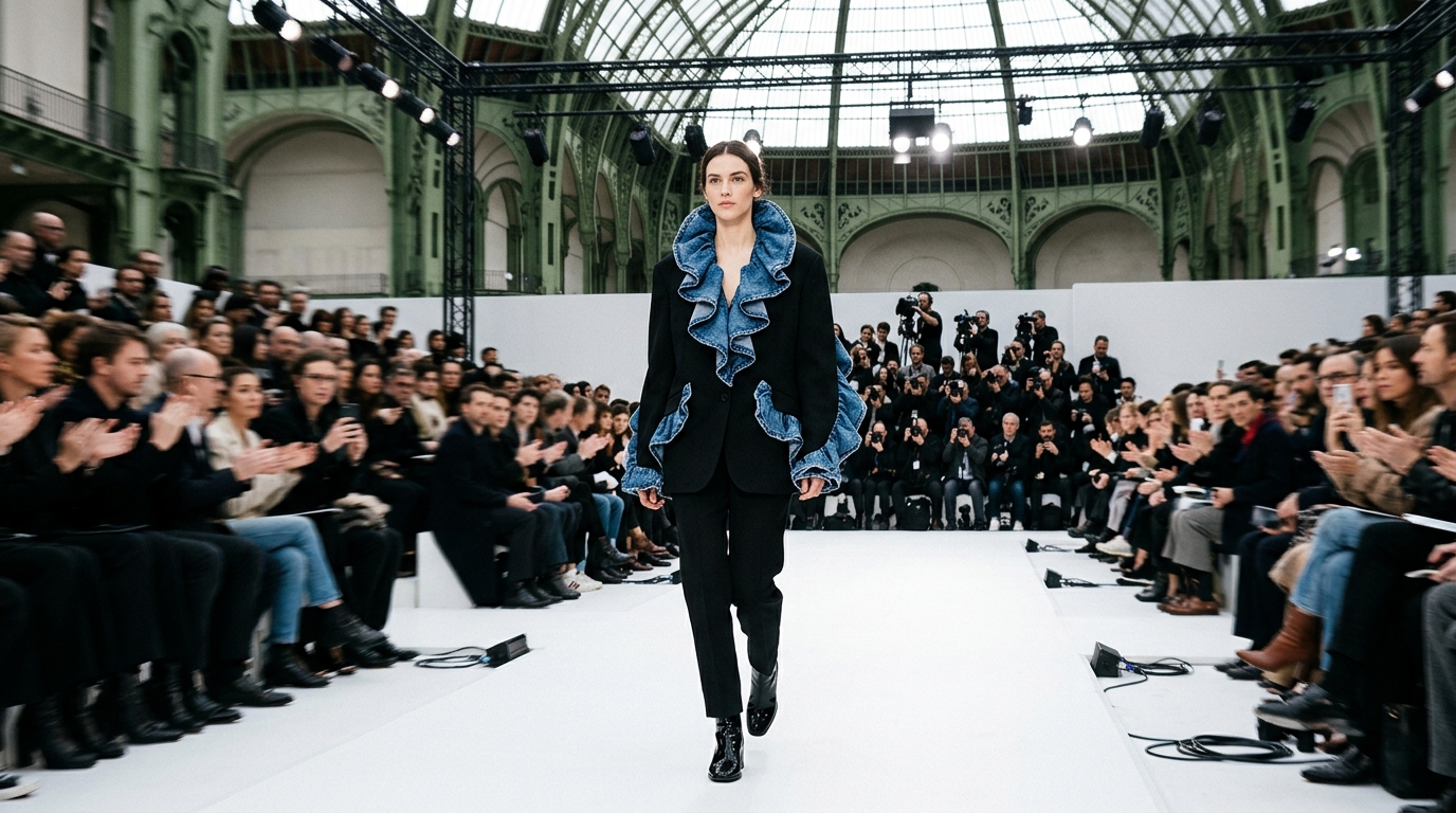 Oversized black blazer with reconstructed denim creating elaborate Medici-style collar, worn with high-waisted trousers
