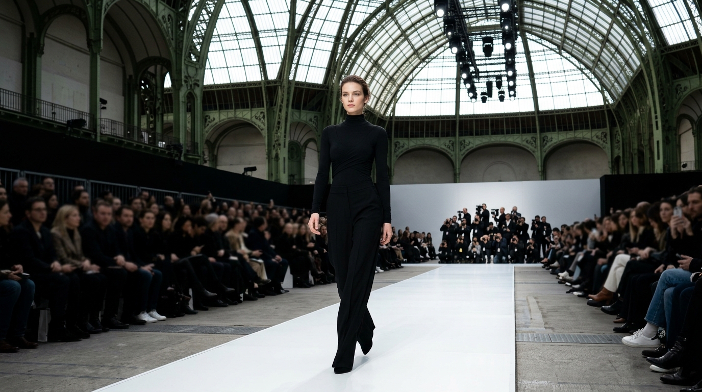 Second-skin flexible spandex wrapped nylon bodysuit with no back fastening, paired with wide-leg trousers