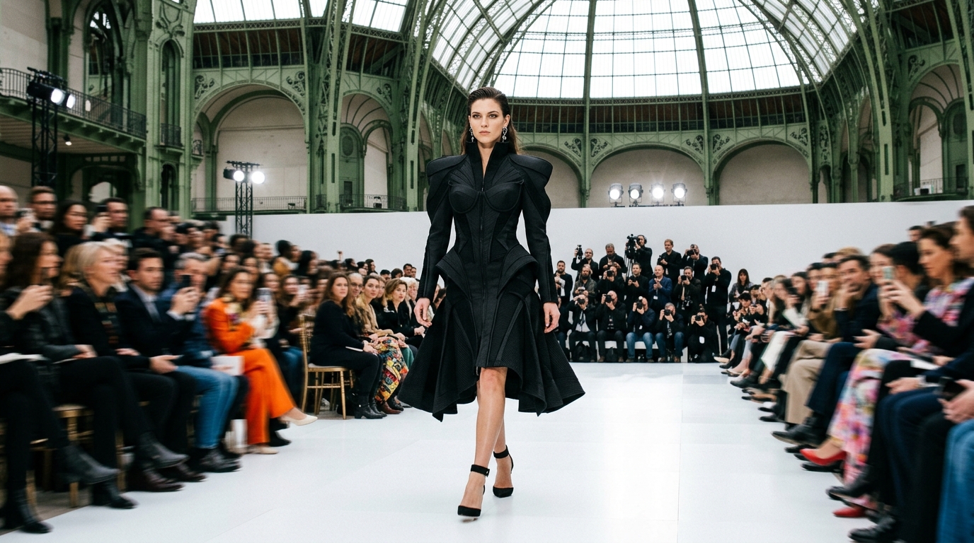 Black funnel-necked jacket with structured bustier lining, inverted and styled as avant-garde evening dress with dramatic shoulders