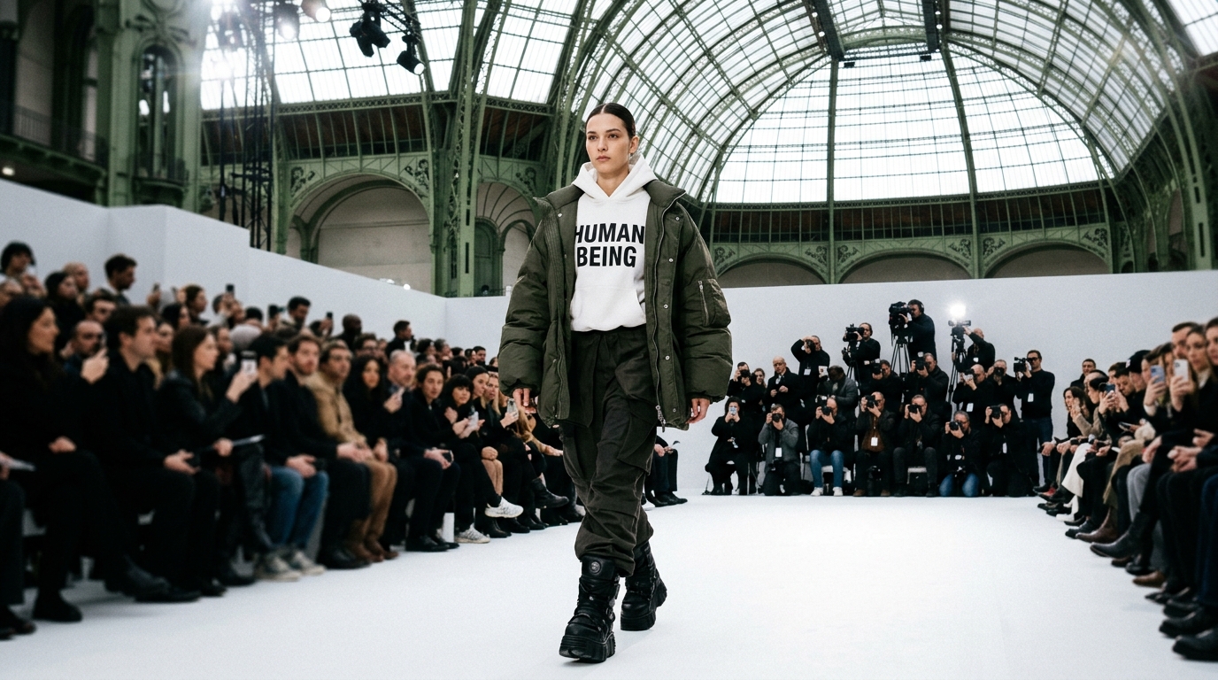 Shrunken white hoodie with bold 'Human Being' typography, layered with oversized outerwear and exaggerated footwear