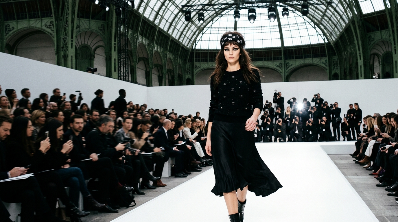 Black silk jersey CC-monogrammed headband with dramatic cat-eye liner and heavy bangs framing the face