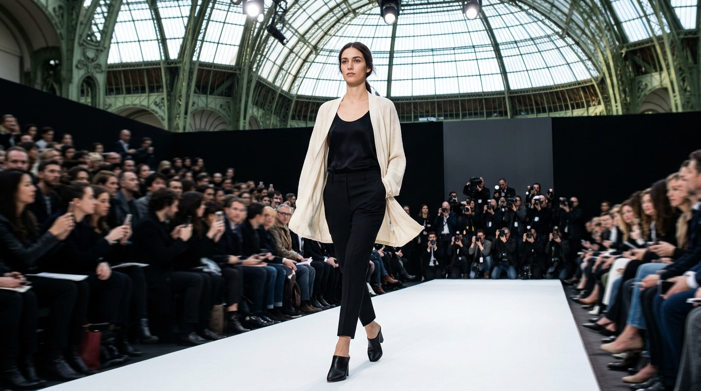 Cream silk cardigan layered over black silk shell, worn with black tailored trousers